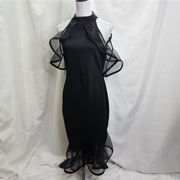 QUIZ Black Organza Ruffle Halterneck Bodycon Midi Dress Size US 10 - Picture 2 of 13